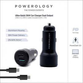Powerology 36W Ultra Quick Car Charger with USB C to USB C Cable