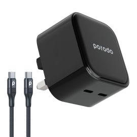 Porodo Super-Fast Dual USB-C Wall Charger PD 35W UK with Braided Type-C to Type-C Cable 1.2m – Black