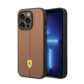 Ferrari Leather Case with Embossed Stripes & Yellow Shield Logo iPhone 14 Pro Max Compatibility - Camel