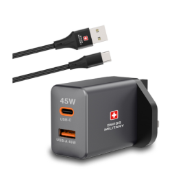 Swiss Military 45W Gan Super Charger With Swiss Military USB A to USB A Cable 
