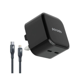 Porodo Super-Fast Dual USB-C Wall Charger With 1.2m Type-C To Lightning Cable – Black