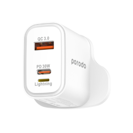 Porodo Triple Port PD QC Lightning 30W Wall Charger with Braided USB-C to Lightning Cable 1.2M / 4ft- White 