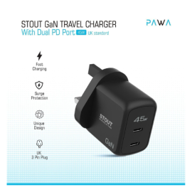  Pawa Stout Gan Travel Charger - Dual PD 45W Black | Exclusive Offers at Future IT Oman