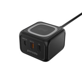 Porodo PD-FWCH005-BK Desktop Charger with 3-Ports Fast Wireless Charger