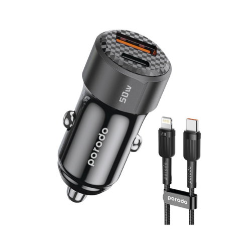 Porodo 50W Dual Port Car Charger PD 20W QC 30W with C to Lightning Cable - Black
