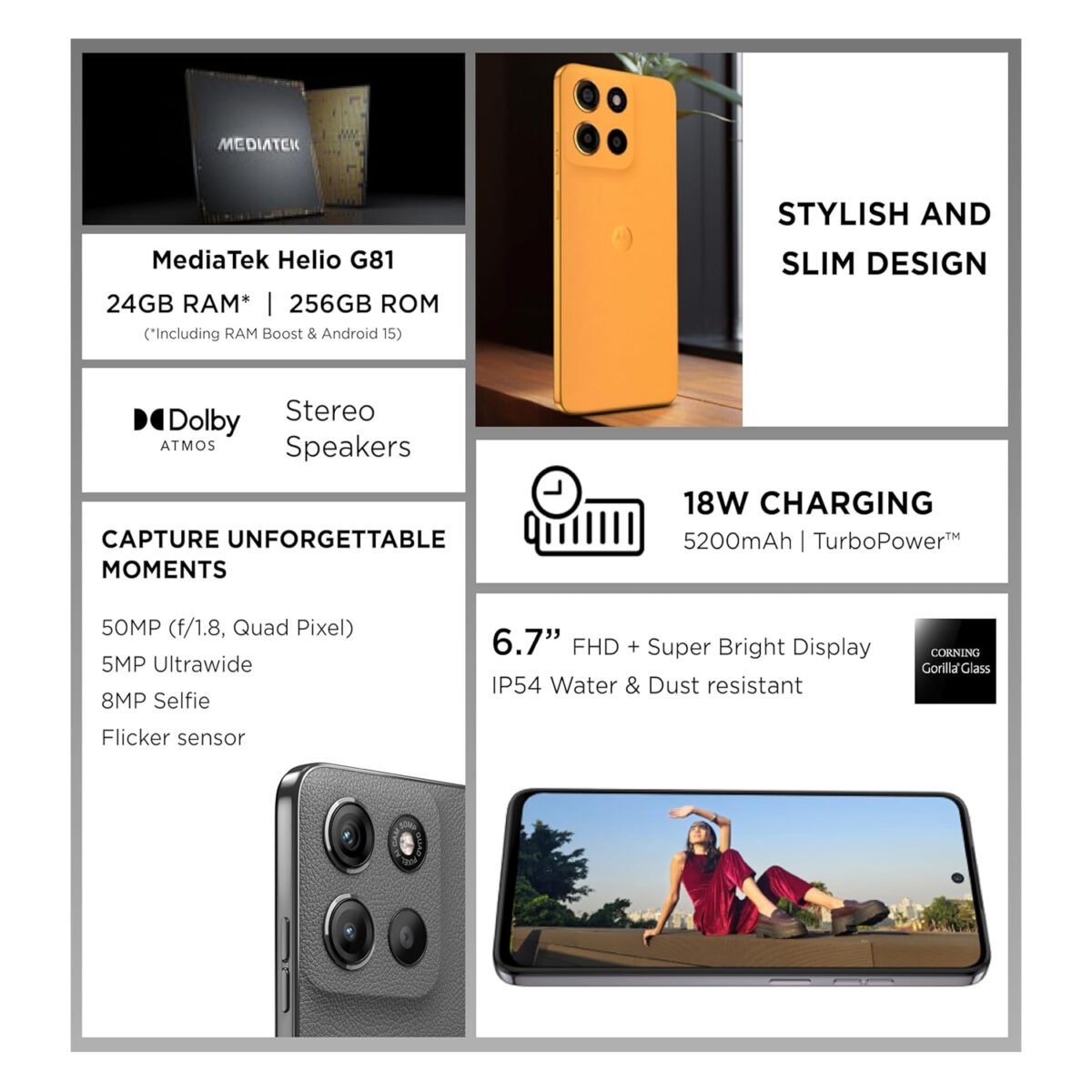 Motorola Moto G15 4G, Moto G15 8GB RAM, Moto G15 256GB, Gravity Grey smartphone, MediaTek Helio G81 Extreme, 50MP camera 4G phone, 5200mAh battery, Android 15 phone, IP54 water repellent