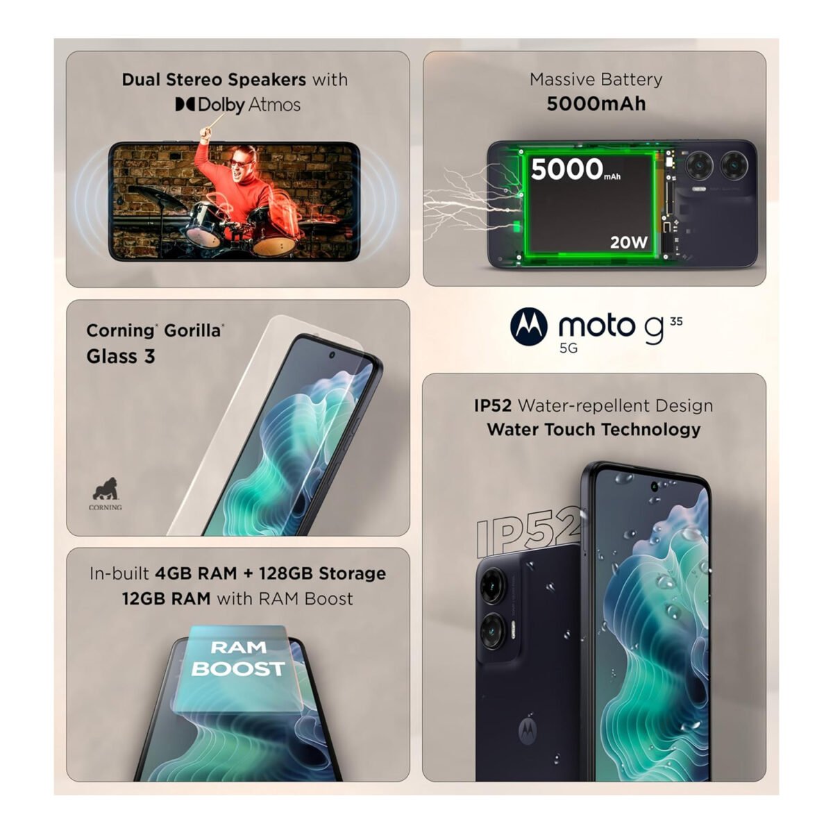 Motorola Moto G35 5G, Moto G35 8GB RAM, Moto G35 256GB, Midnight Black 5G smartphone, Unisoc T760, 120Hz display phone, 50MP camera 5G phone