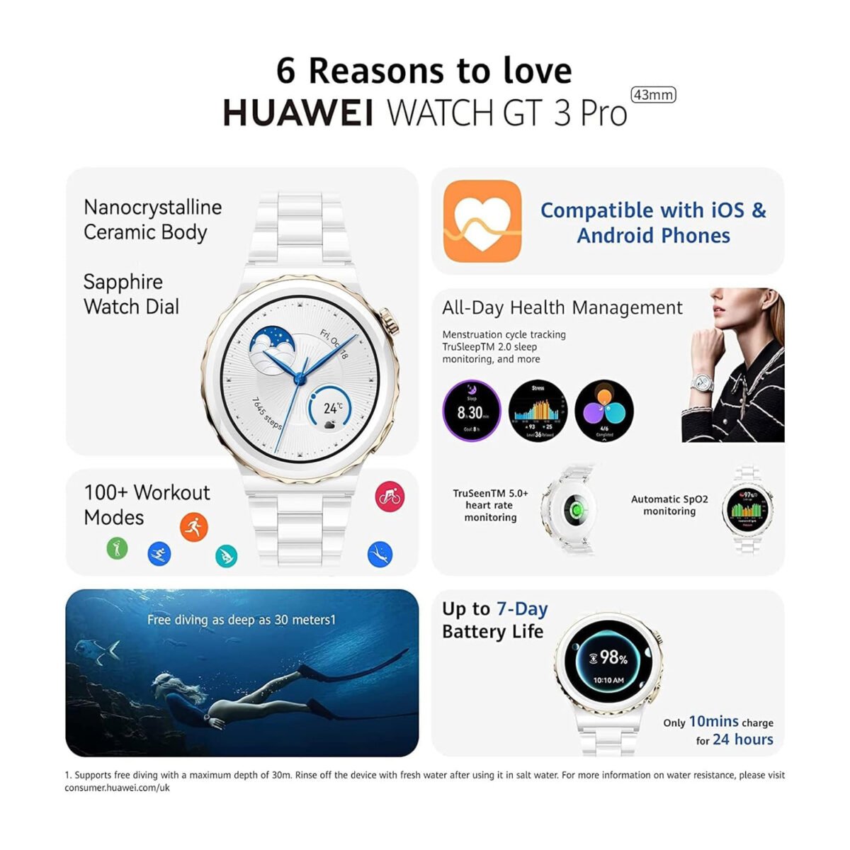 Huawei Watch GT 3 Pro Ceramic, Huawei Watch GT3 Pro 43mm, Ceramic Smartwatch, Huawei Watch ECG, 1.32 AMOLED Smartwatch, Dive Watch, Huawei Smartwatch India, Premium Smartwatch